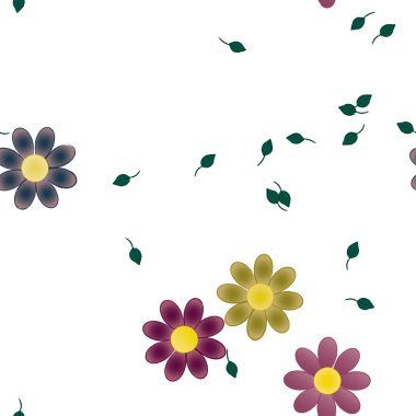 Serbest kompozisyonda yeşil yapraklı basit çiçekler, vektör illüstrasyonu