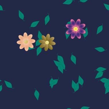 Serbest kompozisyonda yeşil yapraklı basit çiçekler, vektör illüstrasyonu