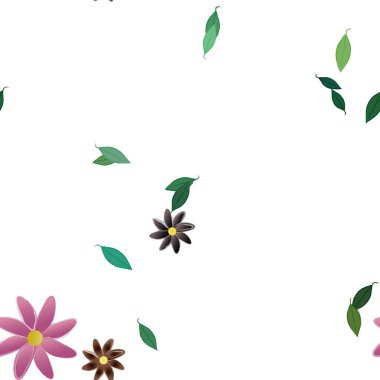 Serbest kompozisyonda yeşil yapraklı basit çiçekler, vektör illüstrasyonu