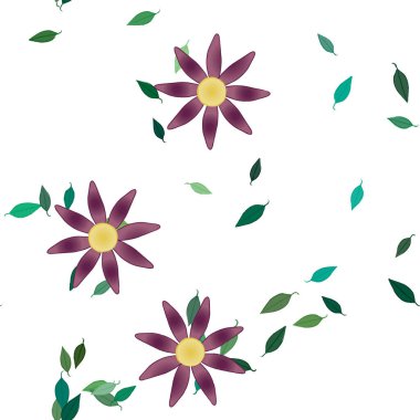 Serbest kompozisyonda yeşil yapraklı basit çiçekler, vektör illüstrasyonu