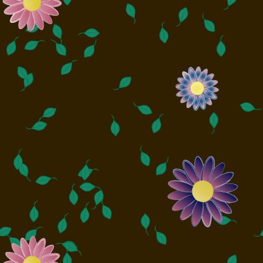 basit renkli çiçekleri olan serbest kompozisyon ve duvar kağıdı için yeşil yapraklar, vektör illüstrasyonu