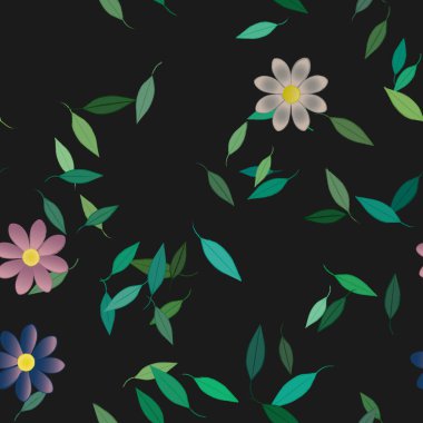 Serbest kompozisyonda yeşil yapraklı basit çiçekler, vektör illüstrasyonu