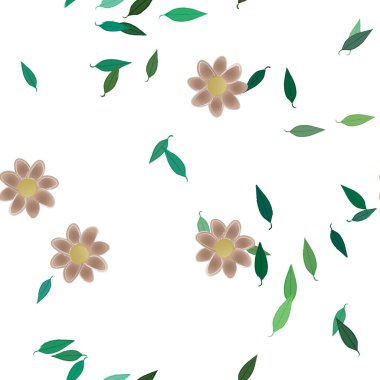 Serbest kompozisyonda yeşil yapraklı basit çiçekler, vektör illüstrasyonu