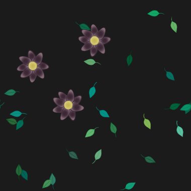 Serbest kompozisyonda yeşil yapraklı basit çiçekler, vektör illüstrasyonu