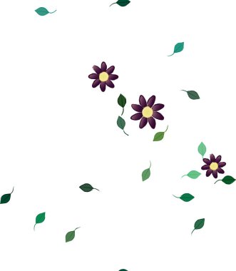 Serbest kompozisyonda yeşil yapraklı basit çiçekler, vektör illüstrasyonu