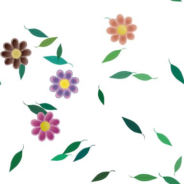 basit renkli çiçekleri olan serbest kompozisyon ve duvar kağıdı için yeşil yapraklar, vektör illüstrasyonu