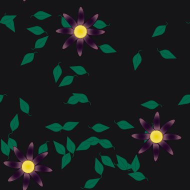 Serbest kompozisyonda yeşil yapraklı basit çiçekler, vektör illüstrasyonu