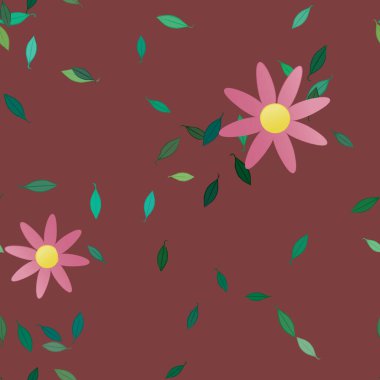 Serbest kompozisyonda yeşil yapraklı basit çiçekler, vektör illüstrasyonu