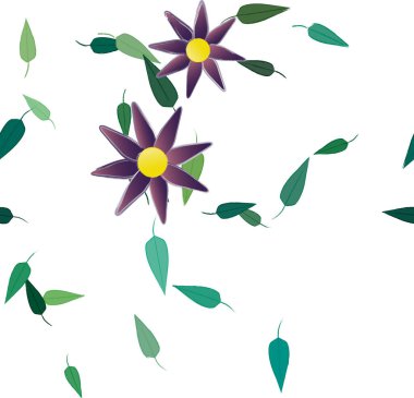 Serbest kompozisyonda yeşil yapraklı basit çiçekler, vektör illüstrasyonu