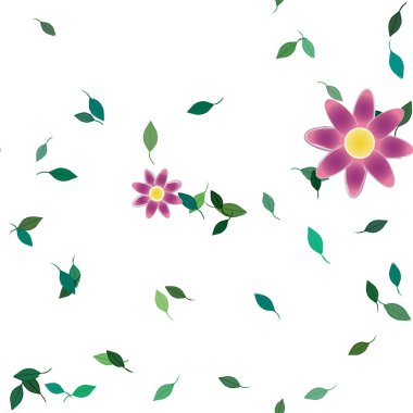 Serbest kompozisyonda yeşil yapraklı basit çiçekler, vektör illüstrasyonu