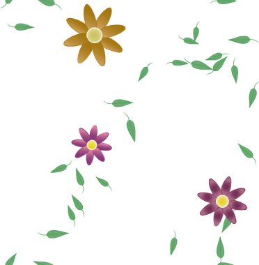 basit renkli çiçekleri olan serbest kompozisyon ve duvar kağıdı için yeşil yapraklar, vektör illüstrasyonu