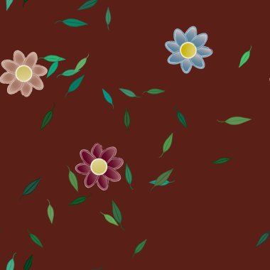 basit renkli çiçekleri olan serbest kompozisyon ve duvar kağıdı için yeşil yapraklar, vektör illüstrasyonu