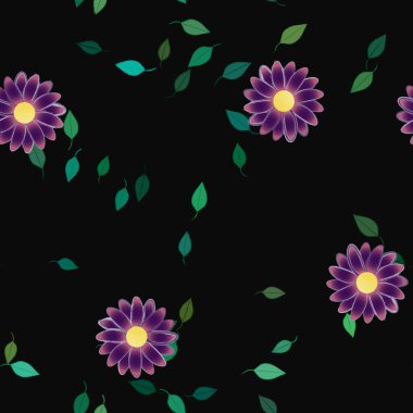 basit renkli çiçekleri olan serbest kompozisyon ve duvar kağıdı için yeşil yapraklar, vektör illüstrasyonu