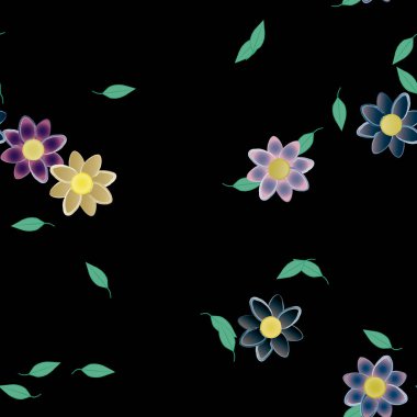 basit renkli çiçekleri olan serbest kompozisyon ve duvar kağıdı için yeşil yapraklar, vektör illüstrasyonu