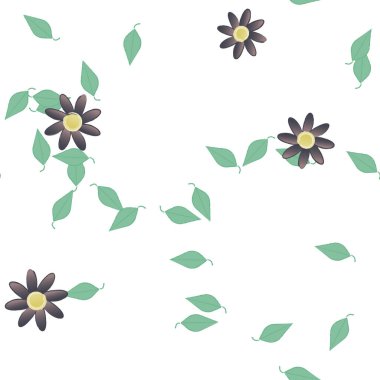 Serbest kompozisyonda yeşil yapraklı basit çiçekler, vektör illüstrasyonu