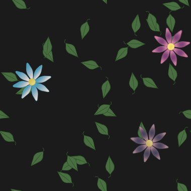 Serbest kompozisyonda yeşil yapraklı basit çiçekler, vektör illüstrasyonu