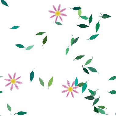 Serbest kompozisyonda yeşil yapraklı basit çiçekler, vektör illüstrasyonu