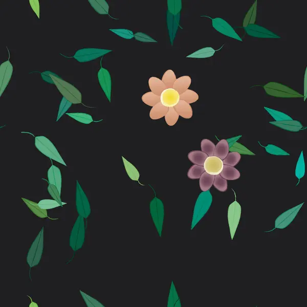 Flores Simples Con Hojas Verdes Composición Libre Ilustración Vectorial — Vector de stock