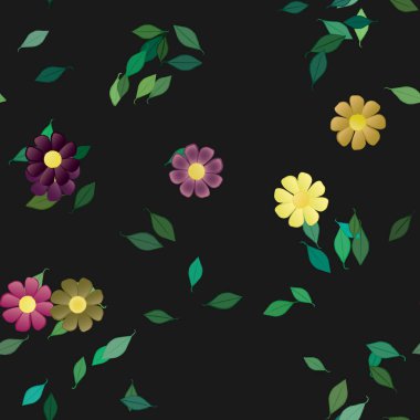 Serbest kompozisyonda yeşil yapraklı basit çiçekler, vektör illüstrasyonu