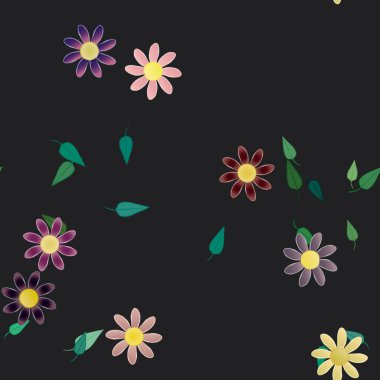 Serbest kompozisyonda yeşil yapraklı basit çiçekler, vektör illüstrasyonu