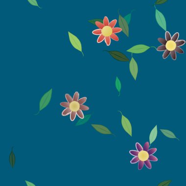 Serbest kompozisyonda yeşil yapraklı basit çiçekler, vektör illüstrasyonu