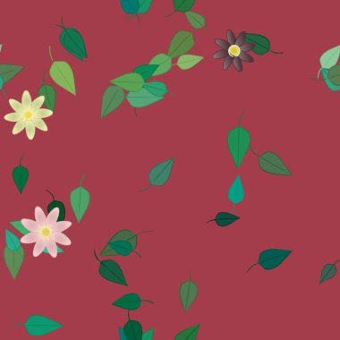 Serbest kompozisyonda yeşil yapraklı basit çiçekler, vektör illüstrasyonu