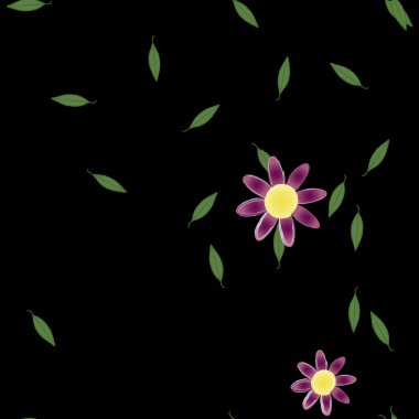 Serbest kompozisyonda yeşil yapraklı basit çiçekler, vektör illüstrasyonu