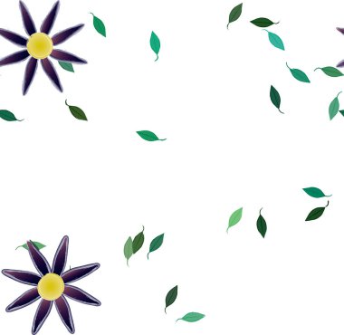 basit renkli çiçekleri olan serbest kompozisyon ve duvar kağıdı için yeşil yapraklar, vektör illüstrasyonu