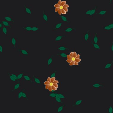 Serbest kompozisyonda yeşil yapraklı basit çiçekler, vektör illüstrasyonu