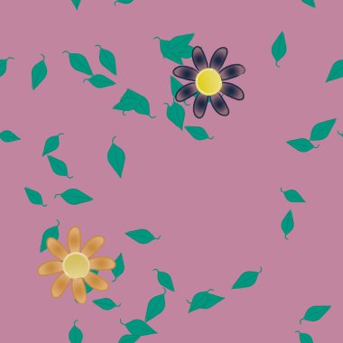 Serbest kompozisyonda yeşil yapraklı basit çiçekler, vektör illüstrasyonu