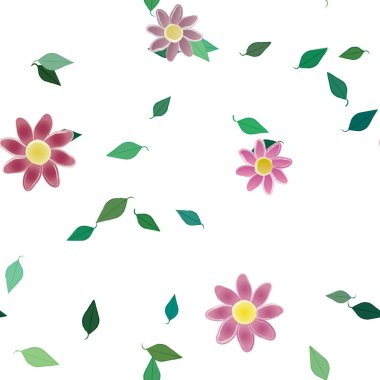 Serbest kompozisyonda yeşil yapraklı basit çiçekler, vektör illüstrasyonu