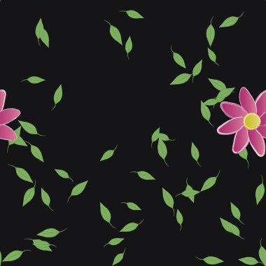 basit renkli çiçekleri olan serbest kompozisyon ve duvar kağıdı için yeşil yapraklar, vektör illüstrasyonu