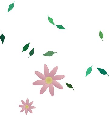 Serbest kompozisyonda yeşil yapraklı basit çiçekler, vektör illüstrasyonu