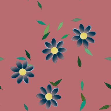 basit renkli çiçekleri olan serbest kompozisyon ve duvar kağıdı için yeşil yapraklar, vektör illüstrasyonu