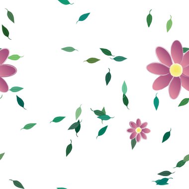 basit renkli çiçekleri olan serbest kompozisyon ve duvar kağıdı için yeşil yapraklar, vektör illüstrasyonu