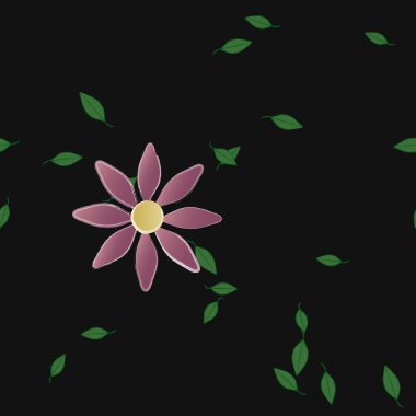 basit renkli çiçekleri olan serbest kompozisyon ve duvar kağıdı için yeşil yapraklar, vektör illüstrasyonu