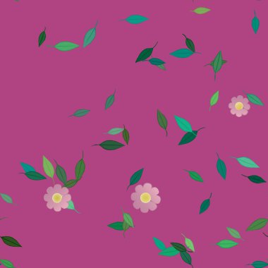 Serbest kompozisyonda yeşil yapraklı basit çiçekler, vektör illüstrasyonu