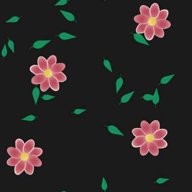 Serbest kompozisyonda yeşil yapraklı basit çiçekler, vektör illüstrasyonu