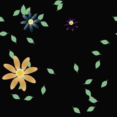 Serbest kompozisyonda yeşil yapraklı basit çiçekler, vektör illüstrasyonu