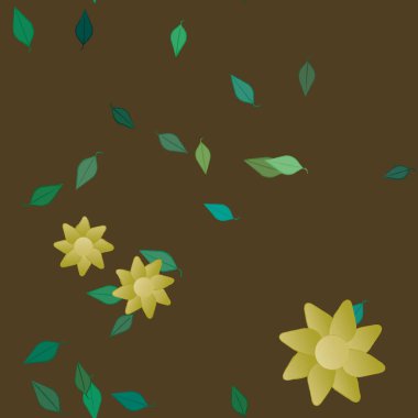 Serbest kompozisyonda yeşil yapraklı basit çiçekler, vektör illüstrasyonu