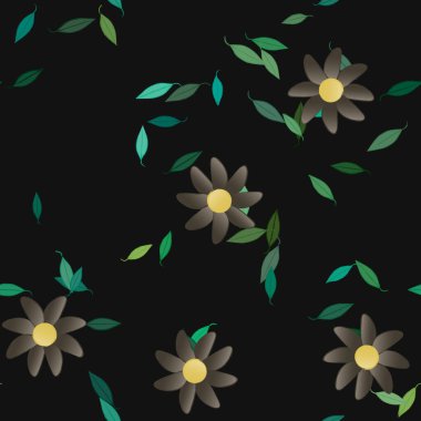 Serbest kompozisyonda yeşil yapraklı basit çiçekler, vektör illüstrasyonu