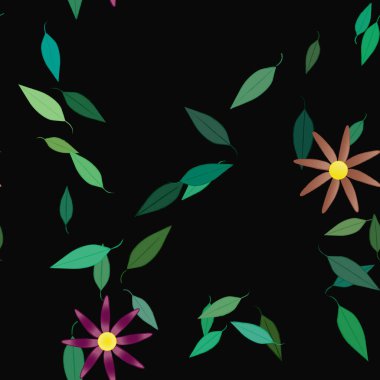 basit renkli çiçekleri olan serbest kompozisyon ve duvar kağıdı için yeşil yapraklar, vektör illüstrasyonu