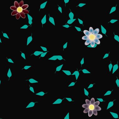 Serbest kompozisyonda yeşil yapraklı basit çiçekler, vektör illüstrasyonu