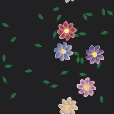 Serbest kompozisyonda yeşil yapraklı basit çiçekler, vektör illüstrasyonu