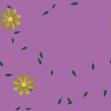 Serbest kompozisyonda yeşil yapraklı basit çiçekler, vektör illüstrasyonu