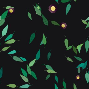 basit renkli çiçekleri olan serbest kompozisyon ve duvar kağıdı için yeşil yapraklar, vektör illüstrasyonu