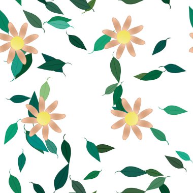 Serbest kompozisyonda yeşil yapraklı basit çiçekler, vektör illüstrasyonu