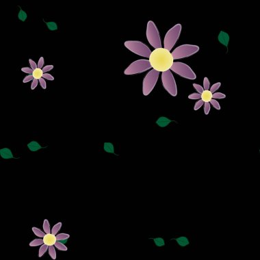 basit renkli çiçekleri olan serbest kompozisyon ve duvar kağıdı için yeşil yapraklar, vektör illüstrasyonu