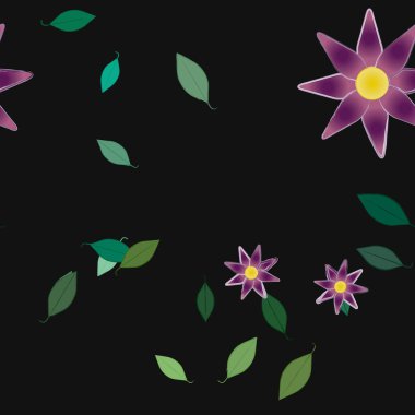 Serbest kompozisyonda yeşil yapraklı basit çiçekler, vektör illüstrasyonu