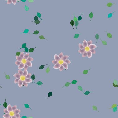 Serbest kompozisyonda yeşil yapraklı basit çiçekler, vektör illüstrasyonu